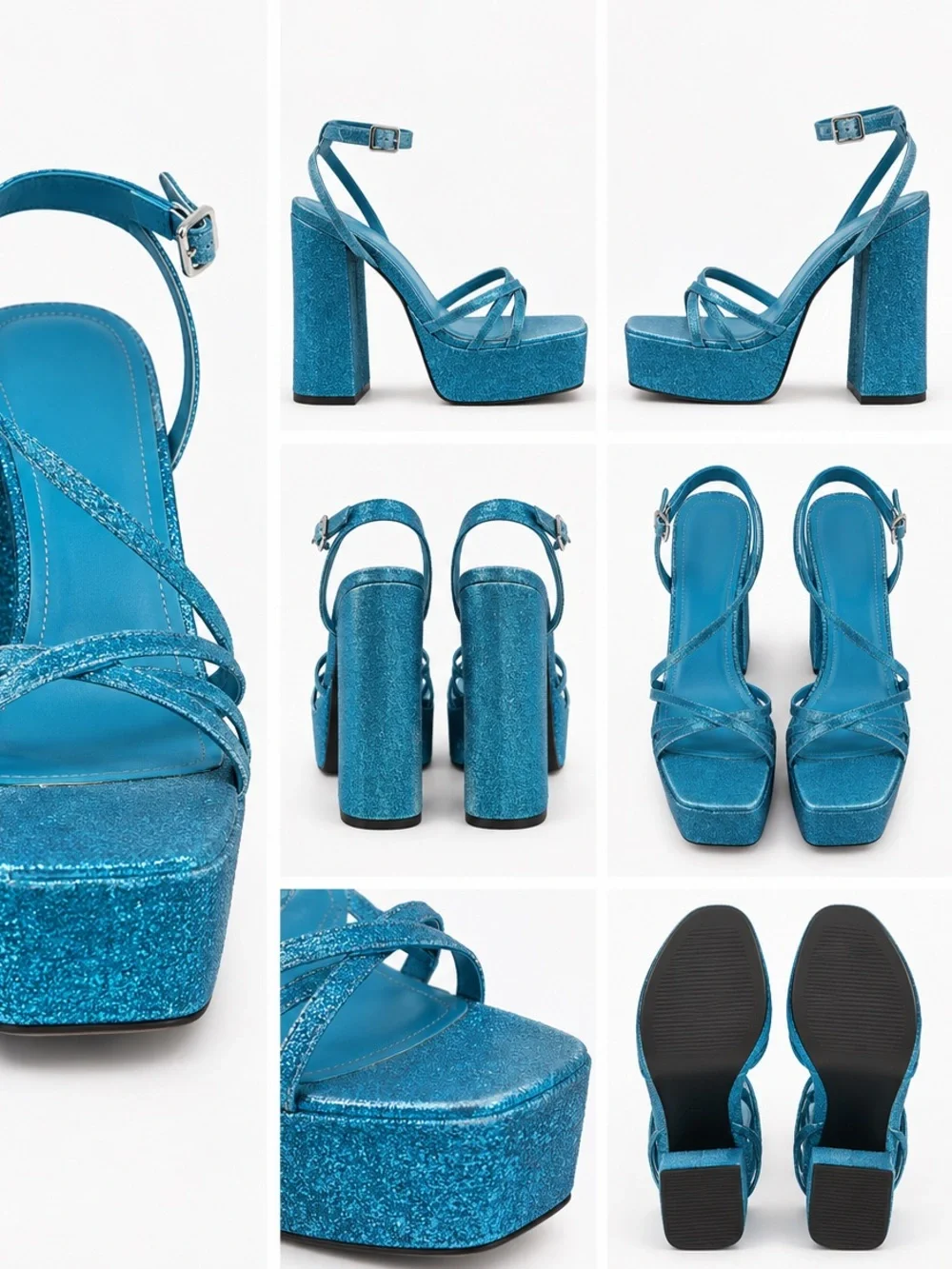 Blue Glitter Platform Sandals with Ankle Strap